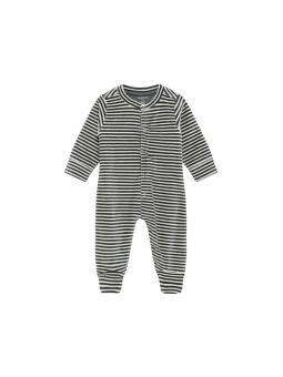 Pyjama Bébé en Velours avec Pieds – Fines Rayures Vertes et Blanches en Coton Bio