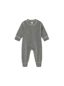 Pyjama Bébé en Velours avec Pieds – Fines Rayures Vertes et Blanches en Coton Bio