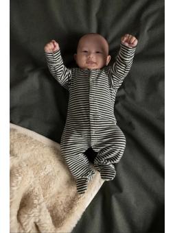 Pyjama Bébé en Velours avec Pieds – Fines Rayures Vertes et Blanches en Coton Bio