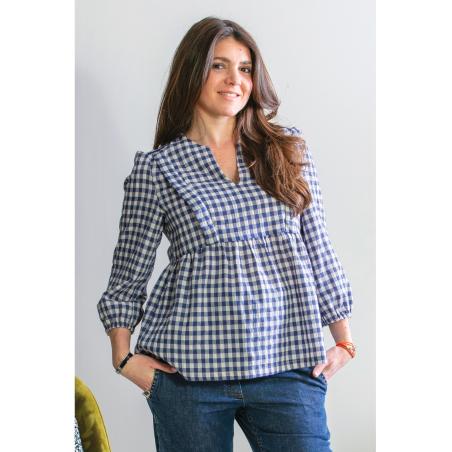 Blouse de Grossesse et d'Allaitement Mona en Gaze de Coton – Vichy Bleu
