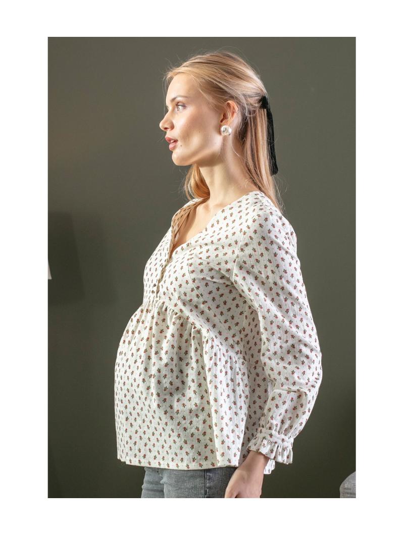Blouse de Grossesse et d'Allaitement Stéphanie Franky en Coton Bio – Écru Fleurs Rouges