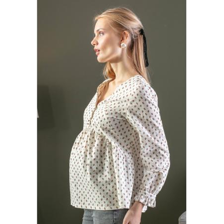 Blouse de Grossesse et d'Allaitement Stéphanie Franky en Coton Bio – Écru Fleurs Rouges