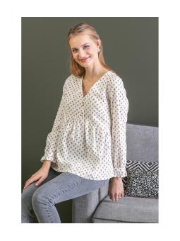 Blouse de Grossesse et d'Allaitement Stéphanie Franky en Coton Bio – Écru Fleurs Rouges