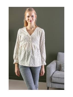 Blouse de Grossesse et d'Allaitement Stéphanie Franky en Coton Bio – Écru Fleurs Rouges