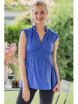 Top Fluide Crêpe Bleu Empire Grossesse Gitane